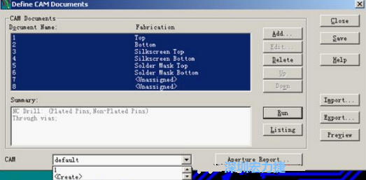 回到Dsfine CAM Documents窗口 ，將所有須輸出的文件用鼠標拉住選擇，按Run輸出，默認輸出路徑是安裝目錄的\CAM\default，也可按CAM的Create更改
