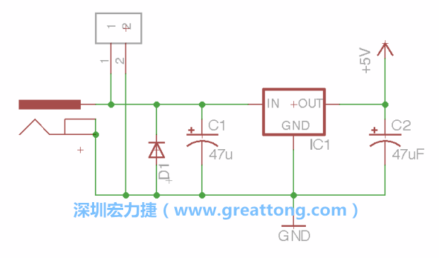 2.5.    新增一個二極體，它會以水平的狀態出現在屏幕上，請使用「旋轉（Rotate）」工具把它負極那一面朝上，并且用「網絡連接」工具將它連接在電壓調整器的輸入端和接地端之間。